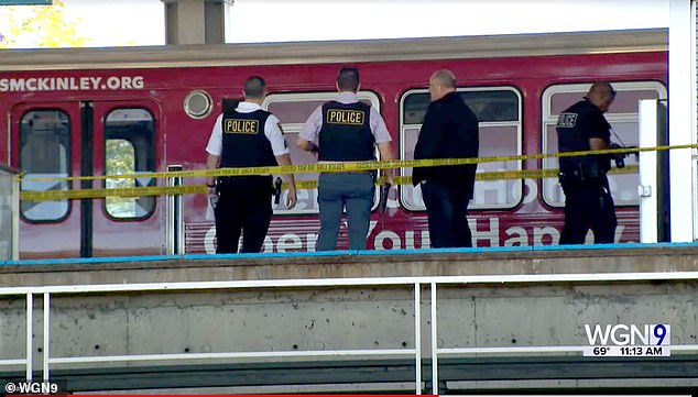 The photo above shows officers investigating the scene of the shooting that left four homeless people dead.