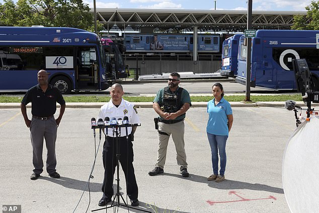 Forest Park Deputy Police Chief Christopher Chin holds a press conference outside the CTA Forest Park station following a shooting, Monday, Sept. 2, 2024, in Forest Park