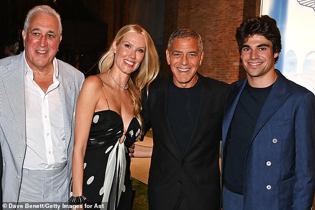 The two handsome leads both arrived in the Italian city to premiere their latest projects at the annual Venice Film Festival (George pictured with Lawrence, Raquel and Lance Stroll)