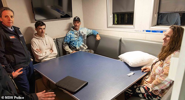 The sailors said they had not slept much the night before their rescue, but once on the Nemesis they felt safe and were able to sleep (Brett in the center of the photo, dressed in blue, Lisa on the right)