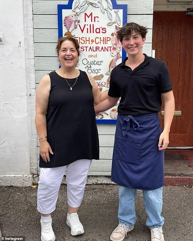 While James gathered with fans outside an ice cream parlour, Ruth Jones posed with a lone fish and chip shop employee