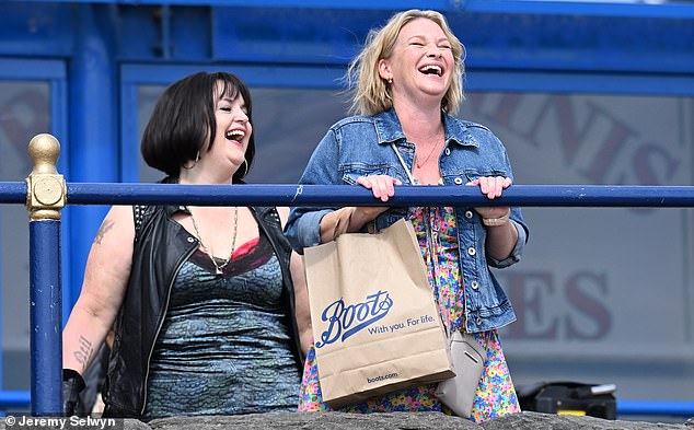 On Tuesday, James, Joanna, who plays the eponymous Stacey Shipman, and Ruth Jones, who plays Nessa Jenkins, shared the laughs on their Barry Island, Wales, set for the second day of filming