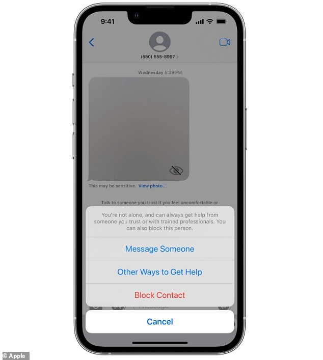 If Apple’s iMessage app detects that a child has received or is trying to send a photo containing nudity, it will blur the photo and display a warning that the photo may be sensitive and offer ways to get help.