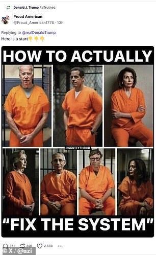 Another repost showed President Joe Biden, his son Hunter, Nancy Pelosi, Hillary Clinton, Dr. Anthony Fauci, Bill Gates and Harris in prison garb saying: 'How we can actually fix the system'