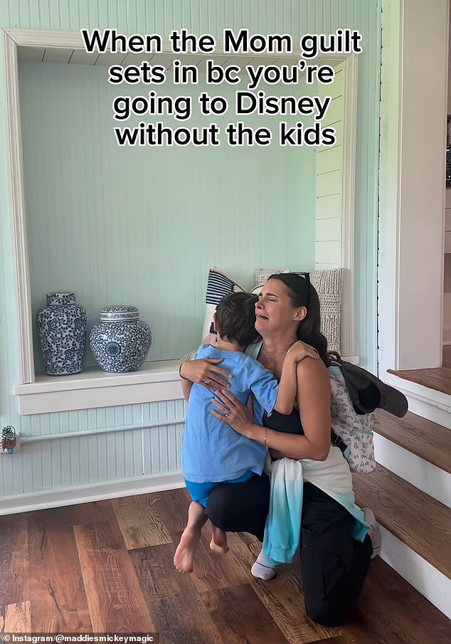 Her controversial post begins with the mother crying as she hugs her son as she heads out on her solo Disney trip