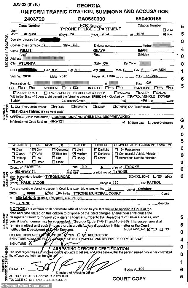 Kinaya was arrested on Aug. 24 after officers caught her using a cellphone while driving her 2010 Nissan Altima, arrest records said.