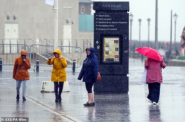 Earlier this year, data showed the UK was receiving particularly high levels of rain during the winter and spring, with some areas receiving up to three times the average. Pictured: Heavy rain in Liverpool on 22 May