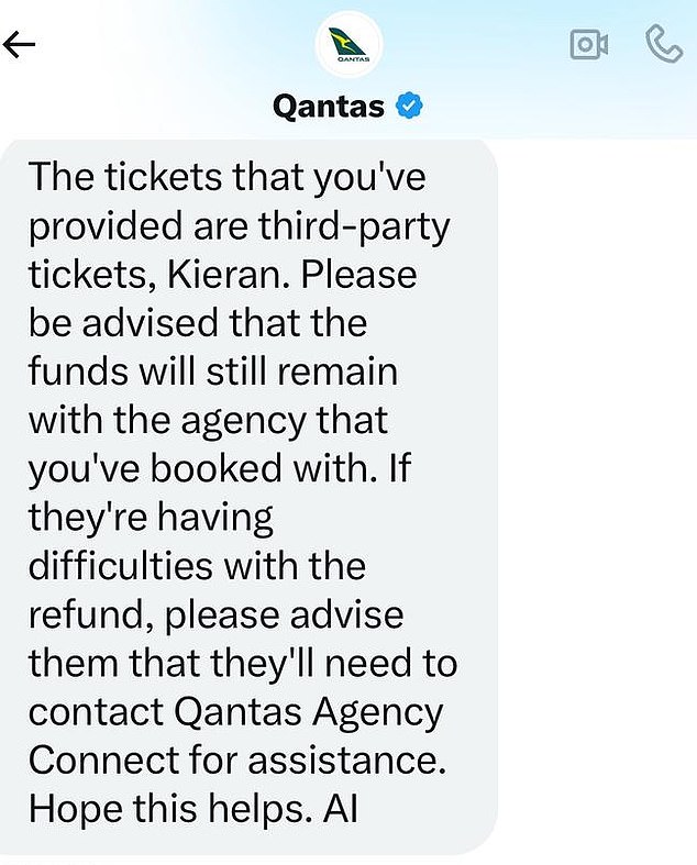 Qantas told Mr McGregor that 'the funds still remain with the agency you booked with' and insisted he contact Expedia for a refund (pictured)