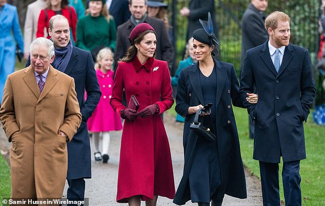 King Charles, Prince William, Catherine Princess of Wales, Meghan, Duchess of Sussex and Prince Harry, Duke of Sussex visit the church on Christmas Day 2018