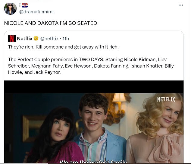 Fans were also excited about the trailer, including @dramaticmimi, who quoted and retweeted the trailer adding: 'NICOLE AND DAKOTA I'M SO SEATED'