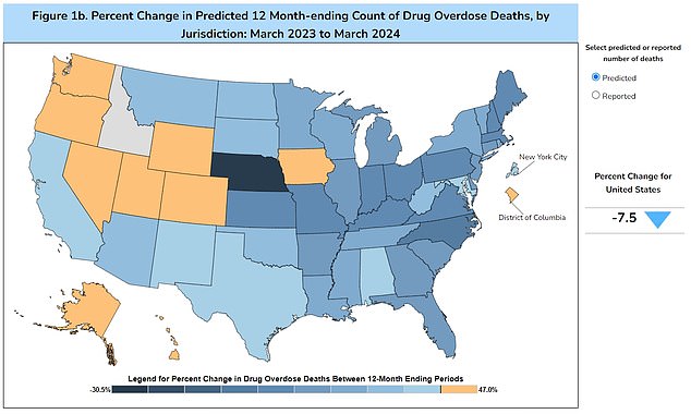 The map above shows the change in drug overdose deaths by year. While the numbers are dropping in many states, they are still much higher than they were even five years ago.