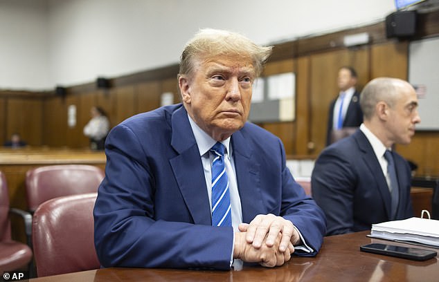 Former President Donald Trump waits for the start of proceedings on the second day of jury selection at Manhattan Criminal Court, April 16, 2024, in New York