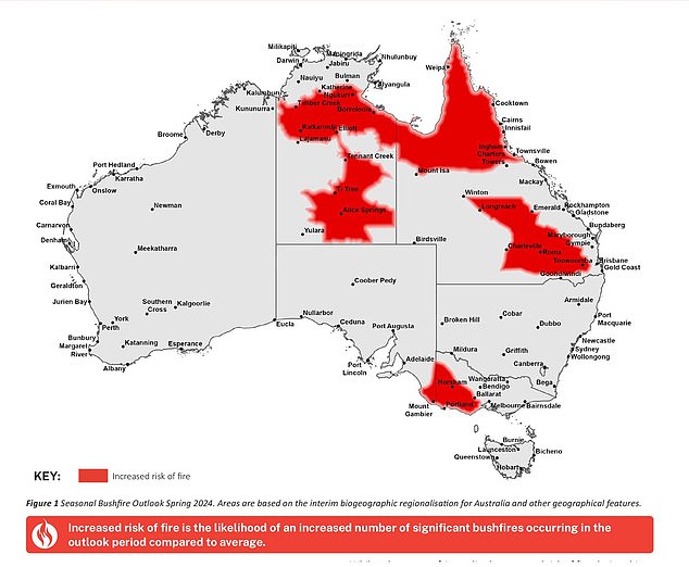 Large parts of Australia are at a higher than average risk of being hit by 'significant' bushfires this coming season (pictured is AFAC's spring bushfire outlook)