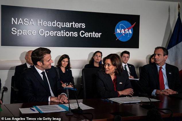 Vice President Kamala Harris is flanked by French President Emmanuel Macron and National Security Adviser Phil Gordon (right) during a meeting