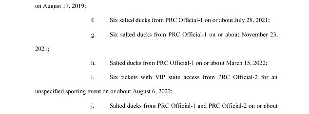 She received smaller gifts, the indictment said, including tickets to performances by a visiting Chinese orchestra and ballet groups and 'Nanjing-style salted ducks' that were prepared by the personal chef of a Chinese government official