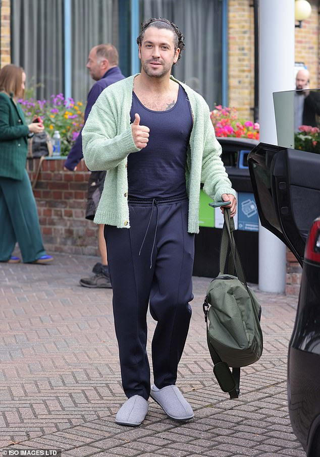 Singer and Coronation Street actor Shayne Ward, 39, was also spotted entering the studios looking ready for a workout in a blue vest and matching tracksuit bottoms.