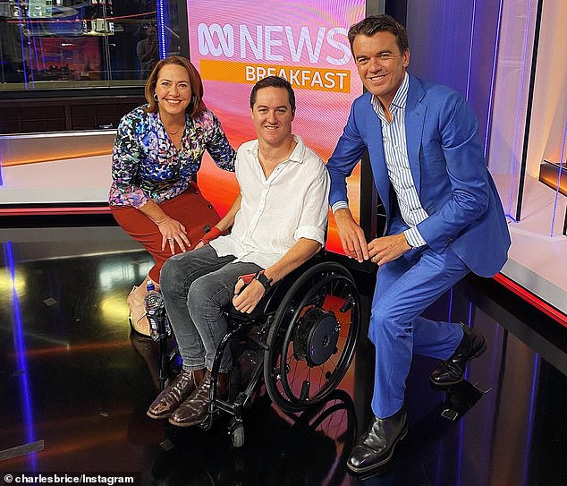 Mr Brice (pictured with News Breakfast presenters Lisa Millar and Michael Rowland) urged Australians not to lean on the edge when using accessible showers while travelling overseas