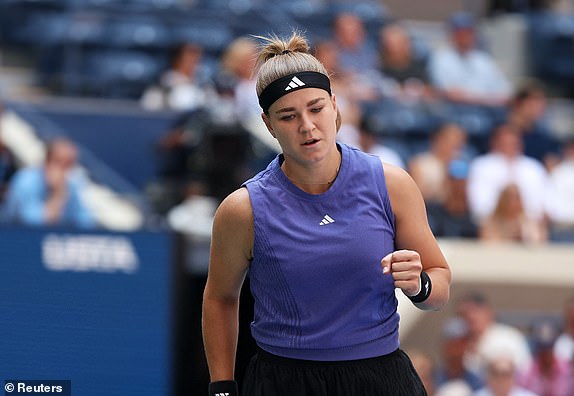 Tennis - US Open - Flushing Meadows, New York, United States - September 4, 2024 Karolina Muchova of the Czech Republic reacts during her quarterfinal match against Beatriz Haddad of Brazil Maia REUTERS/Mike Segar