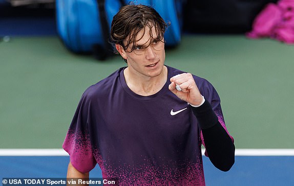 Sep 2, 2024; Flushing, NY, USA; Jack Draper of Great Britain celebrates his victory over Tomas Machac of the Czech Republic on day eight of the 2024 US Open tennis tournament at the USTA Billie Jean King National Tennis Center. Mandatory Credit: Mike Frey-USA TODAY Sports