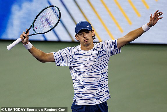 Sep 2, 2024; Flushing, NY, USA; Alex de Minaur (AUS) celebrates his victory over Jordan Thompson (AUS) on day eight of the 2024 US Open tennis tournament at the USTA Billie Jean King National Tennis Center. Mandatory credit: Mike Frey-USA TODAY Sports