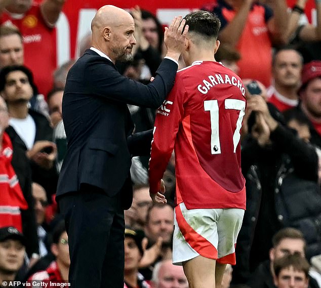 When Alejandro Garnacho (right) was substituted midway through the half, his withdrawal was greeted with a chorus of boos.