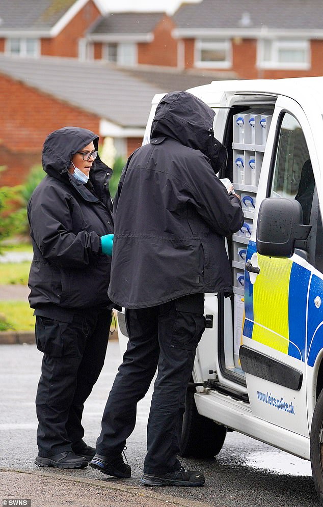 Forensic investigators were seen at the crime scene in Braunstone Town on Tuesday