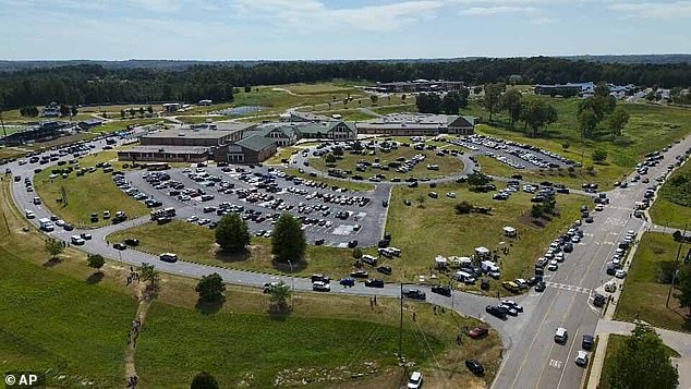 An overhead view of the scene outside the high school after the shooting was over