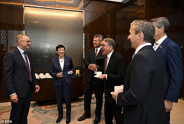 The big four banks are all members of the Business Council of Australia (pictured: outgoing President Jennifer Westacott (second from left) with Prime Minister Anthony Albanese (far left) and Commonwealth Bank CEO Matt Comyn (second from right)