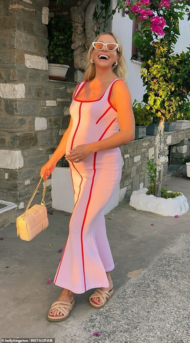 In one photo, she can be seen gently holding her stomach and tilting her head back in laughter as the influencer enjoys her time on the island of Naxos.