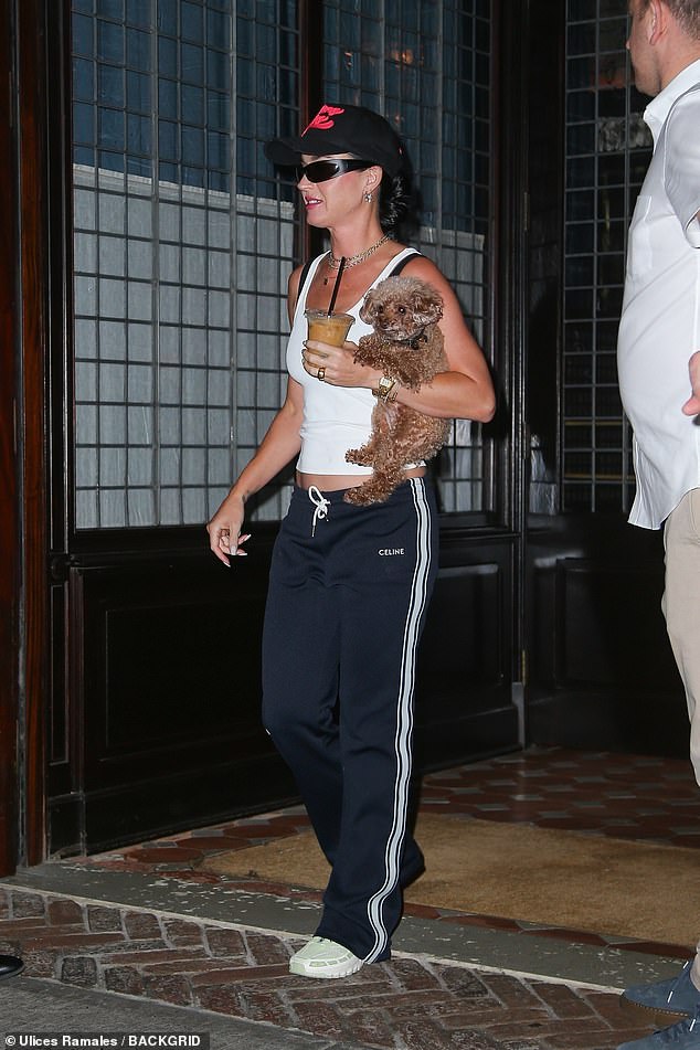 Katy held her beloved teacup poodle Nugget during her outing to get an iced coffee