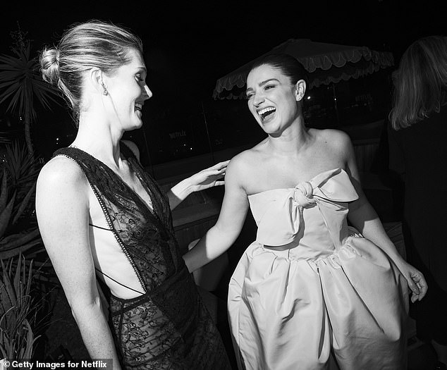 At the afterparty, Megan was seen laughing with her co-star Eve, 33, who looked wrapped up in a pink, flowy bow dress with exaggerated hips and pockets, and stunning stilettos selected by stylist Karla Welch