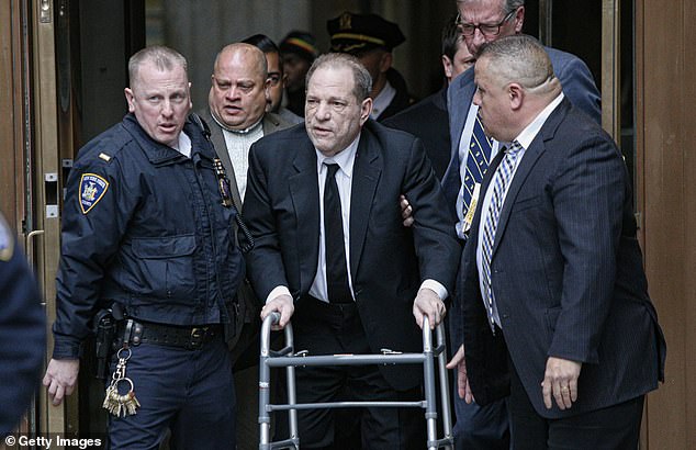 Weinstein is seen here leaving a New York City courthouse in January 2020 while on trial for alleged rape and sexual abuse.