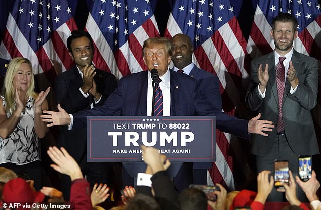 Donald Trump celebrates his victory in the New Hampshire GOP primary on January 23, 2024 in Nashua, New Hampshire. The last time a Republican won the state in the general election was in 2000, but Hillary Clinton narrowly won the state in 2016