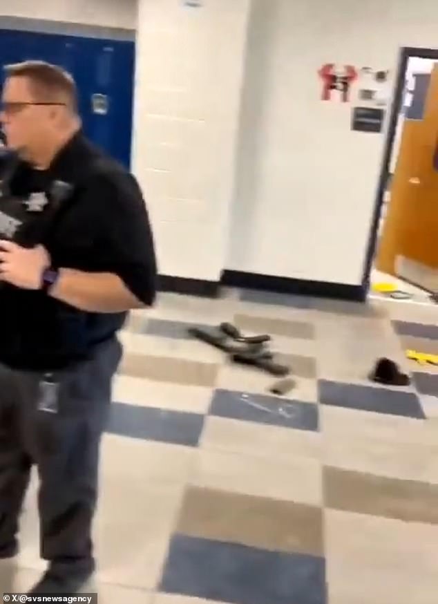 Colt Gray's suspected murder weapon is seen in the hallway of Apalachee High School, where he allegedly killed four people and wounded nine