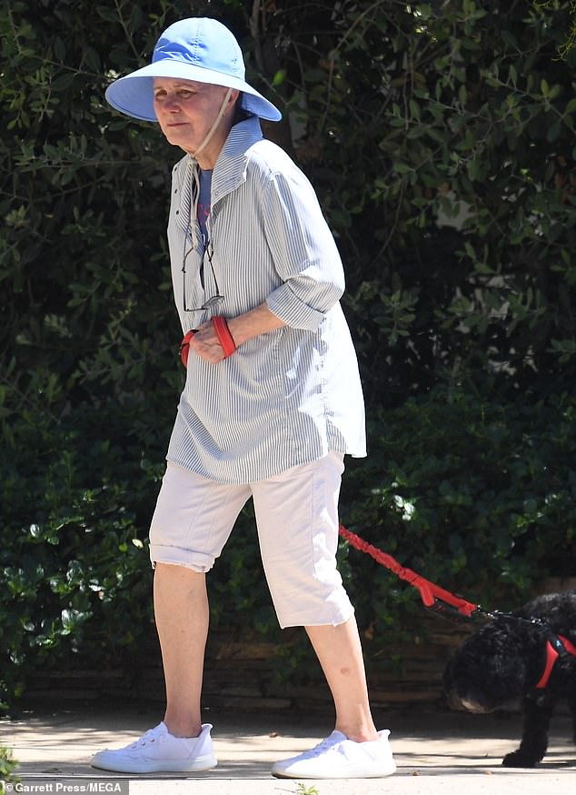 Field was spotted walking her small black dog on a red leash in Los Angeles