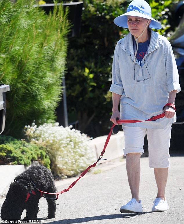 She wore a blue and white striped shirt with off-white capri pants and comfortable sneakers