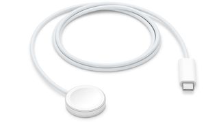 A white Apple Watch magnetic fast charger against a white background