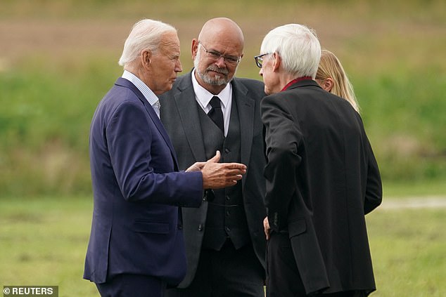 President Joe Biden (left) greets Westby Mayor Danny Helgerson (center), Wisconsin Secretary of State Sarah Godlewski and Gov. Tony Evers (right) upon his arrival in rural Wisconsin on Thursday.