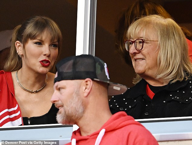 Taylor attended a number of Chiefs games last season as her romance with Travis blossomed (pictured: Swift with Kelce's mother Donna)