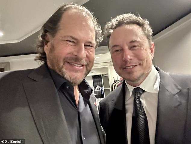 Marc Benioff, chairman and CEO of Salesforce and owner of TIME, pictured (left) with Elon Musk (right)