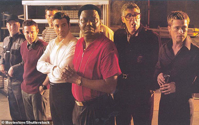 Their third and latest film in the franchise, Ocean's Thirteen, was released in 2007; from left to right: Scott Caan, Edward Jemison, Matt Damon, George Clooney, Bernie Mac, Elliott Gould, Brad Pitt pictured in the 2001 film still from Ocean's Eleven