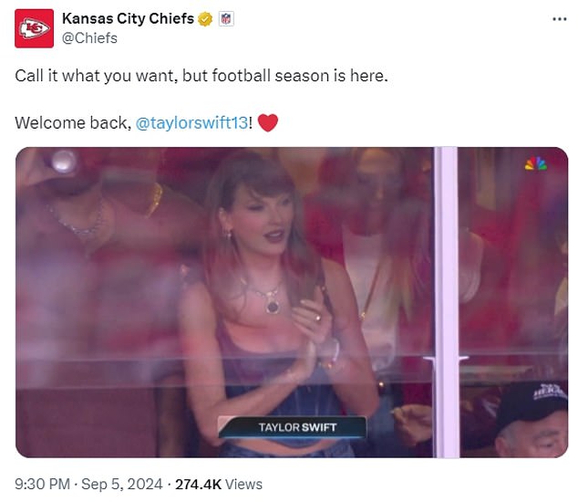 While Swift watched their season opener against the Ravens, the Chiefs shared a clip of her in the stands and even quoted one of her famous songs to welcome her back