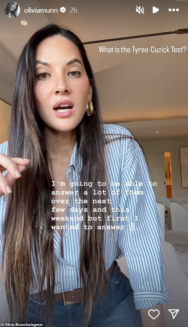 In a later post on her Instagram Stories on Thursday, Munn said some of the comments were about the Tyrer-Cuzick test