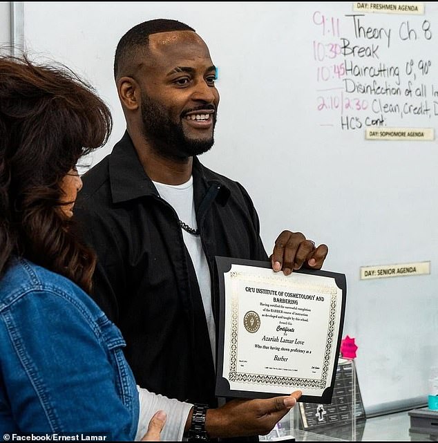 Love is pictured with his hairdressing diploma in May, saying he was improving himself and adding that he does everything for his children