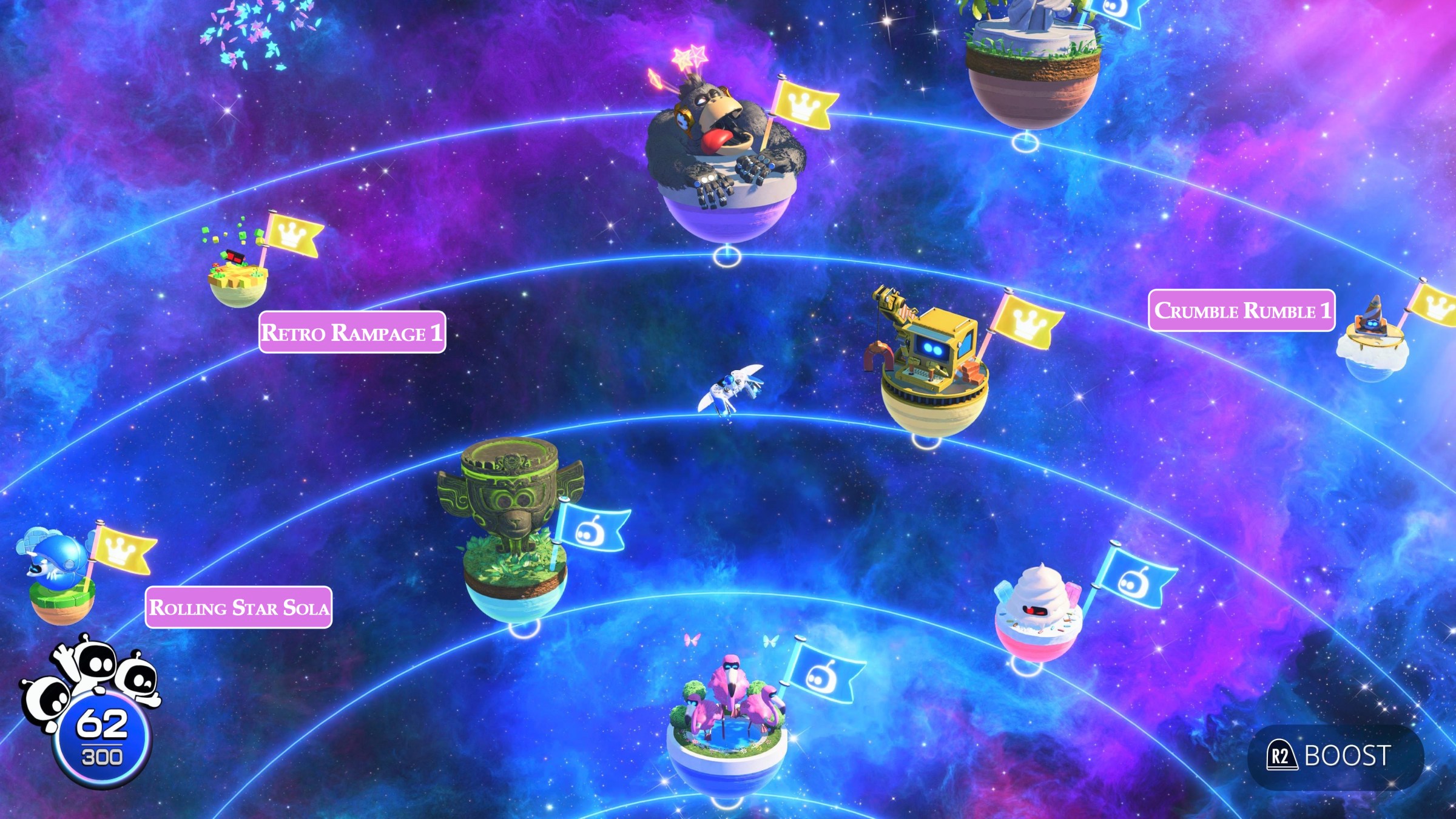 A map showing the hidden levels in one of Astro Bot's nebulas