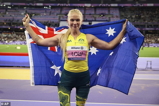 Low also set a new world record in the T63 long jump in Paris (here she is seen after winning the final)