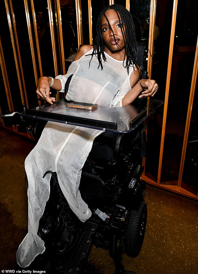 Antiguan-American model Aaron Rose Philip, 23, the first black, transgender and disabled model to be represented by a major agency, looked stunning in a sheer white dress