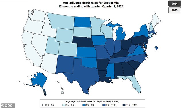 The map above shows the average sepsis death rates in each US state per 100,000 residents