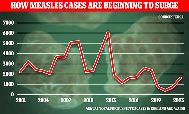 The latest data from the UK Health Security Agency (UKHSA) shows that there were 1,603 suspected cases of measles in England and Wales in 2023. The number is more than double the 735 recorded in 2022 and an almost five-fold increase on the 360 ​​cases reported in 2021.