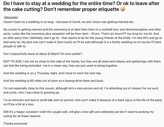 The unnamed woman, who is in her mid-40s, took to Reddit to ask people across the web if it was acceptable to go home four hours after a wedding ceremony started